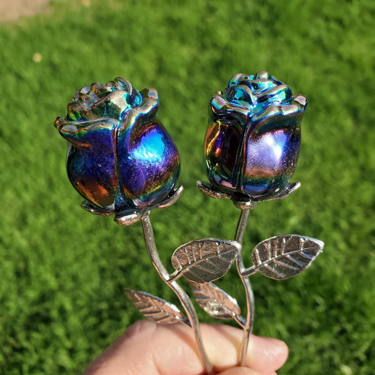 Small Aura Obsidian Rose on Stem - Self Reflection, Release Negative Energies, Balance - Rainbow Aura Flower Healing Crystals Gemstone