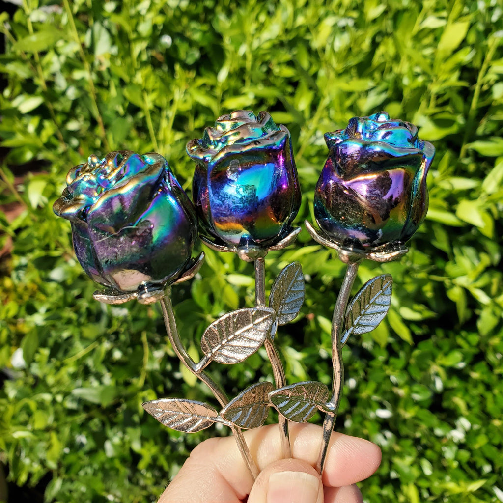 Small Aura Obsidian Rose on Stem - Self Reflection, Release Negative Energies, Balance - Rainbow Aura Flower Healing Crystals Gemstone