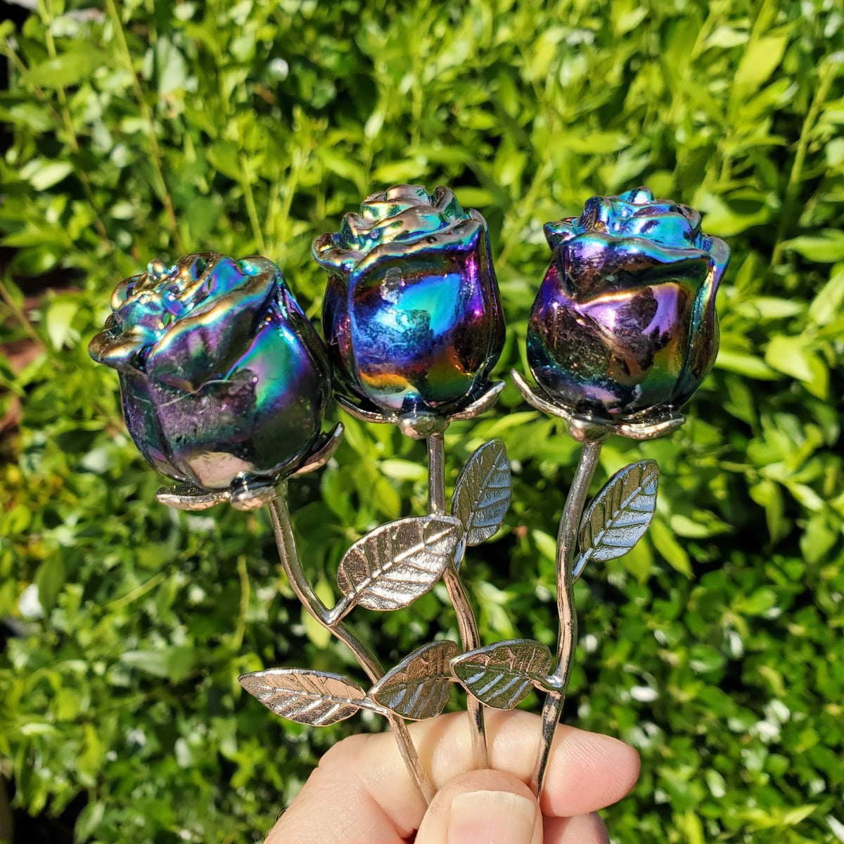 Small Aura Obsidian Rose on Stem - Self Reflection, Release Negative Energies, Balance - Rainbow Aura Flower Healing Crystals Gemstone