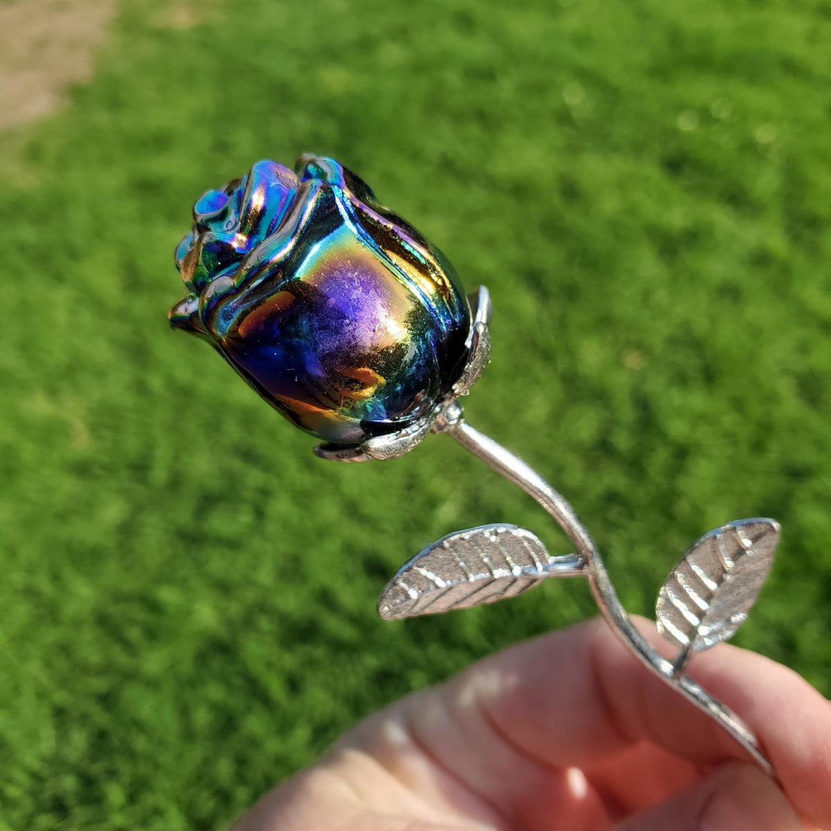 Small Aura Obsidian Rose on Stem - Self Reflection, Release Negative Energies, Balance - Rainbow Aura Flower Healing Crystals Gemstone