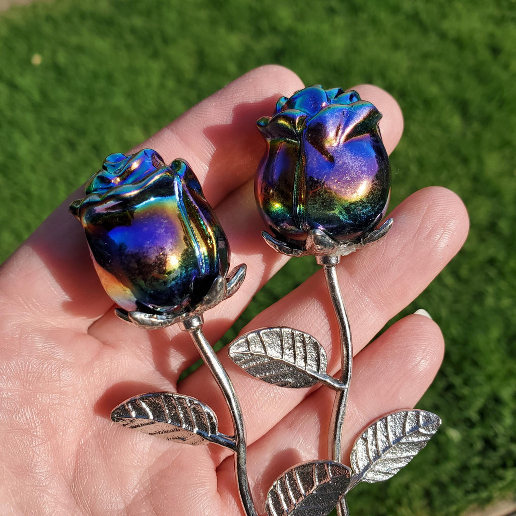 Small Aura Obsidian Rose on Stem - Self Reflection, Release Negative Energies, Balance - Rainbow Aura Flower Healing Crystals Gemstone