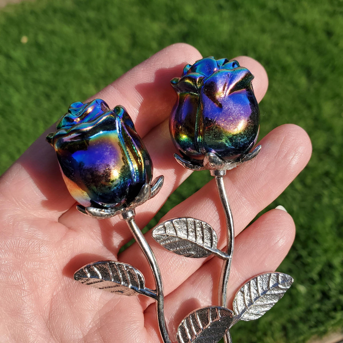 Small Aura Obsidian Rose on Stem - Self Reflection, Release Negative Energies, Balance - Rainbow Aura Flower Healing Crystals Gemstone