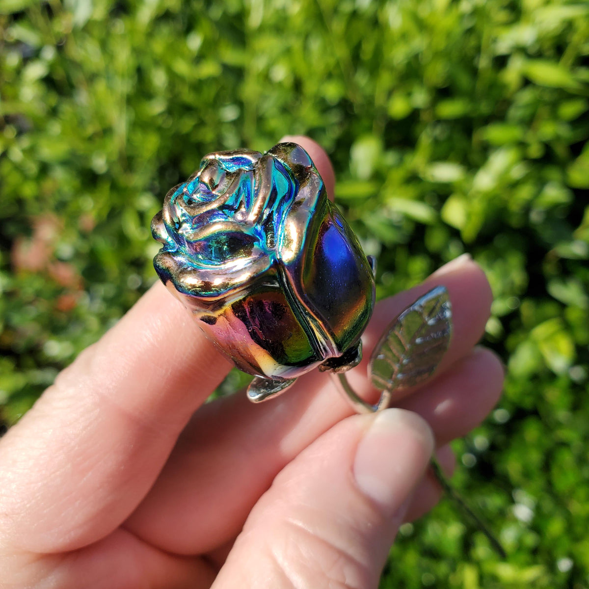 Small Aura Obsidian Rose on Stem - Self Reflection, Release Negative Energies, Balance - Rainbow Aura Flower Healing Crystals Gemstone