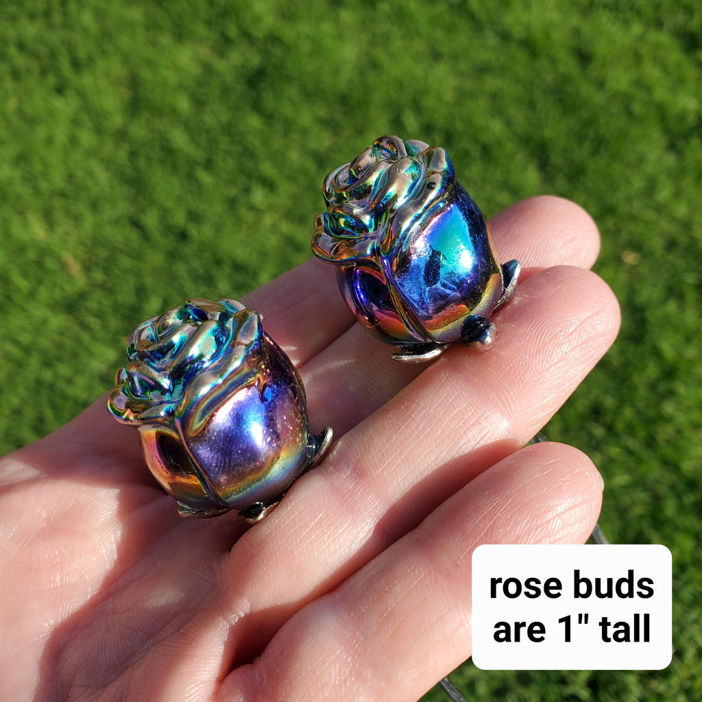 Small Aura Obsidian Rose on Stem - Self Reflection, Release Negative Energies, Balance - Rainbow Aura Flower Healing Crystals Gemstone