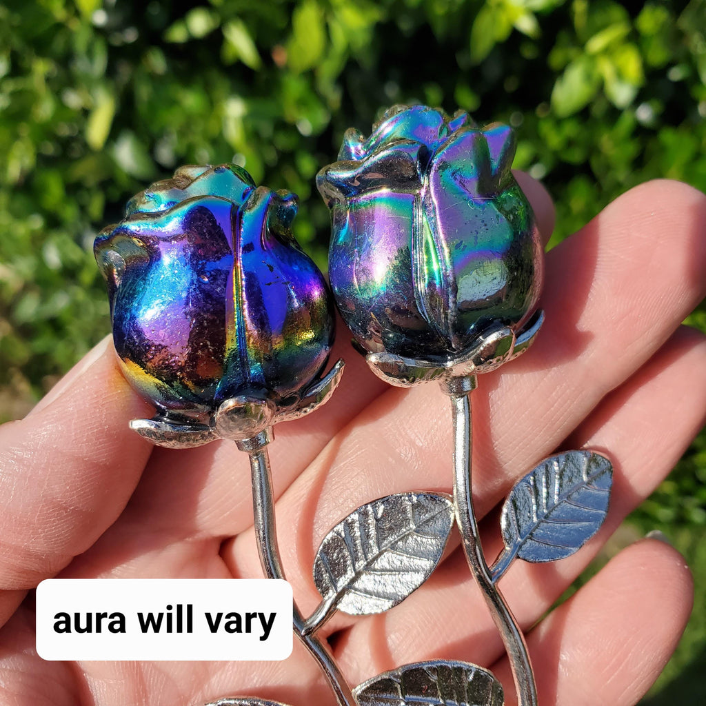 Small Aura Obsidian Rose on Stem - Self Reflection, Release Negative Energies, Balance - Rainbow Aura Flower Healing Crystals Gemstone