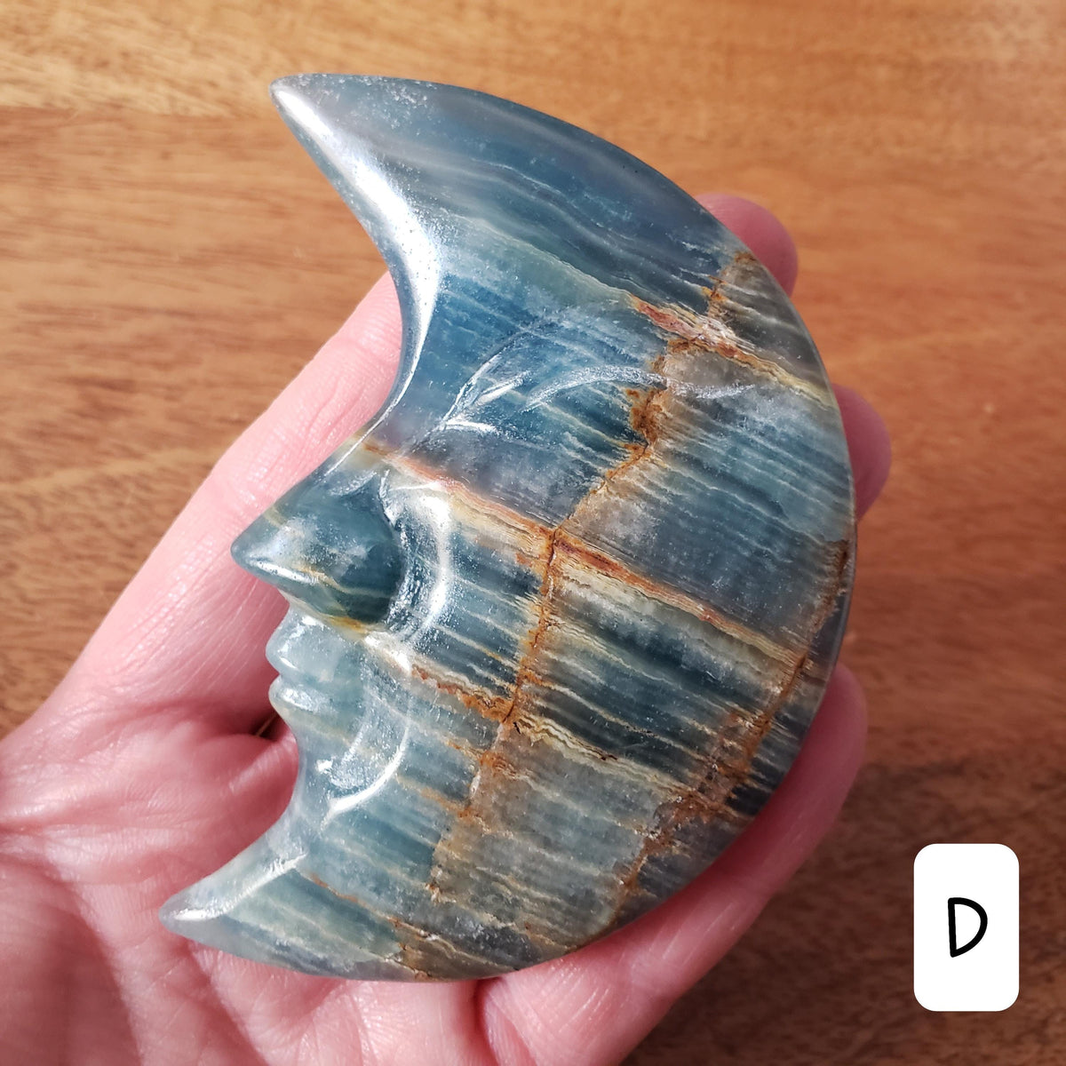 Blue Onyx Moon on Stand - Increases Mental Power, Gives You Emotional Strength, Willpower - Blue Moon Crystal Display Healing Gemstones