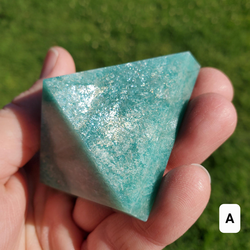 Flashy Amazonite Pyramid - Calming, Courage, Truth, Compassion - Amazonite Crystal Pyramid Healing Gemstone Statement