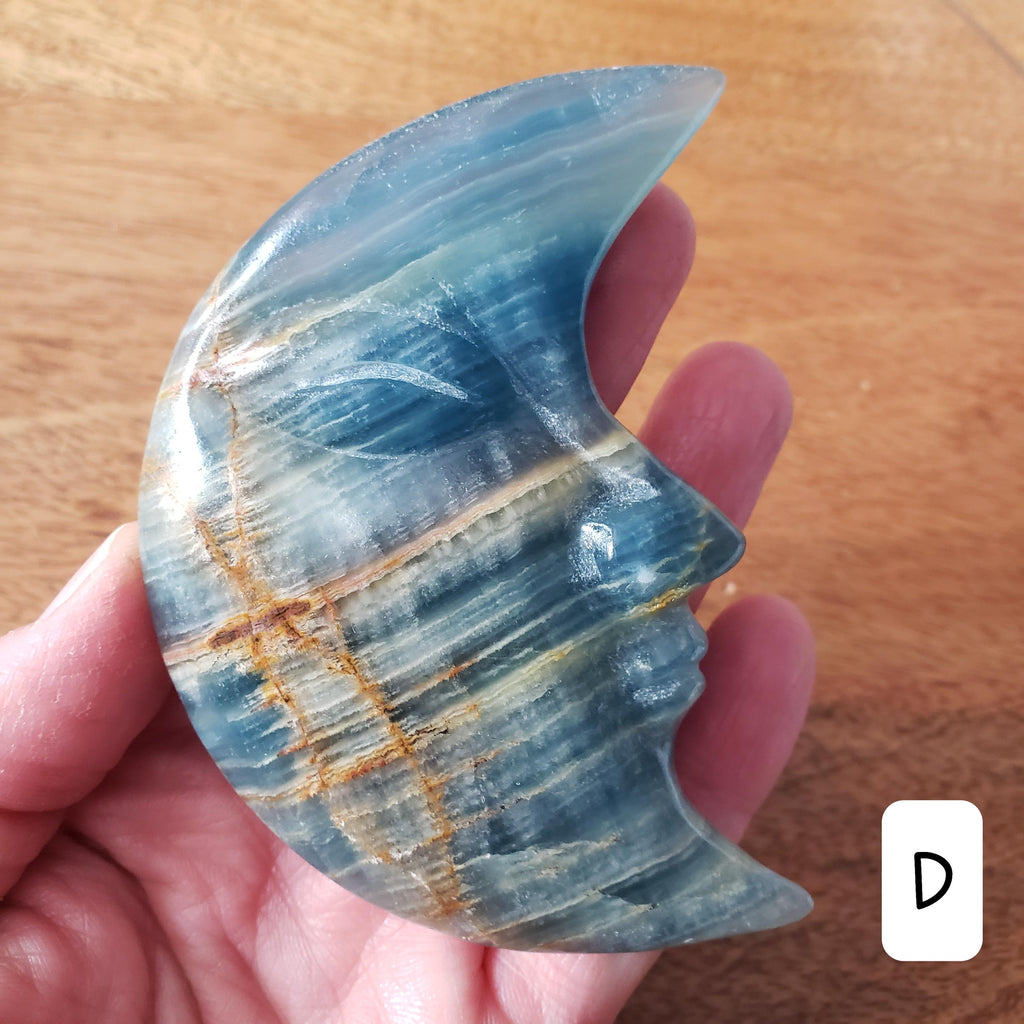 Blue Onyx Moon on Stand - Increases Mental Power, Gives You Emotional Strength, Willpower - Blue Moon Crystal Display Healing Gemstones
