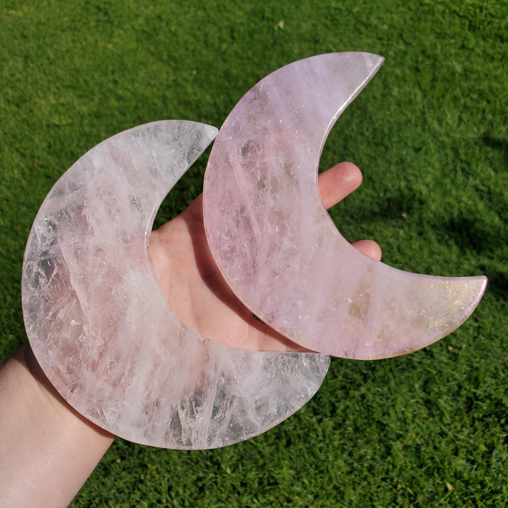 Big Rose Quartz Moon on Gold Stand - Unconditional Love, Compassion, Self Love - 10.5 to 11" tall Pink Crystal Moon Statement Gemstone