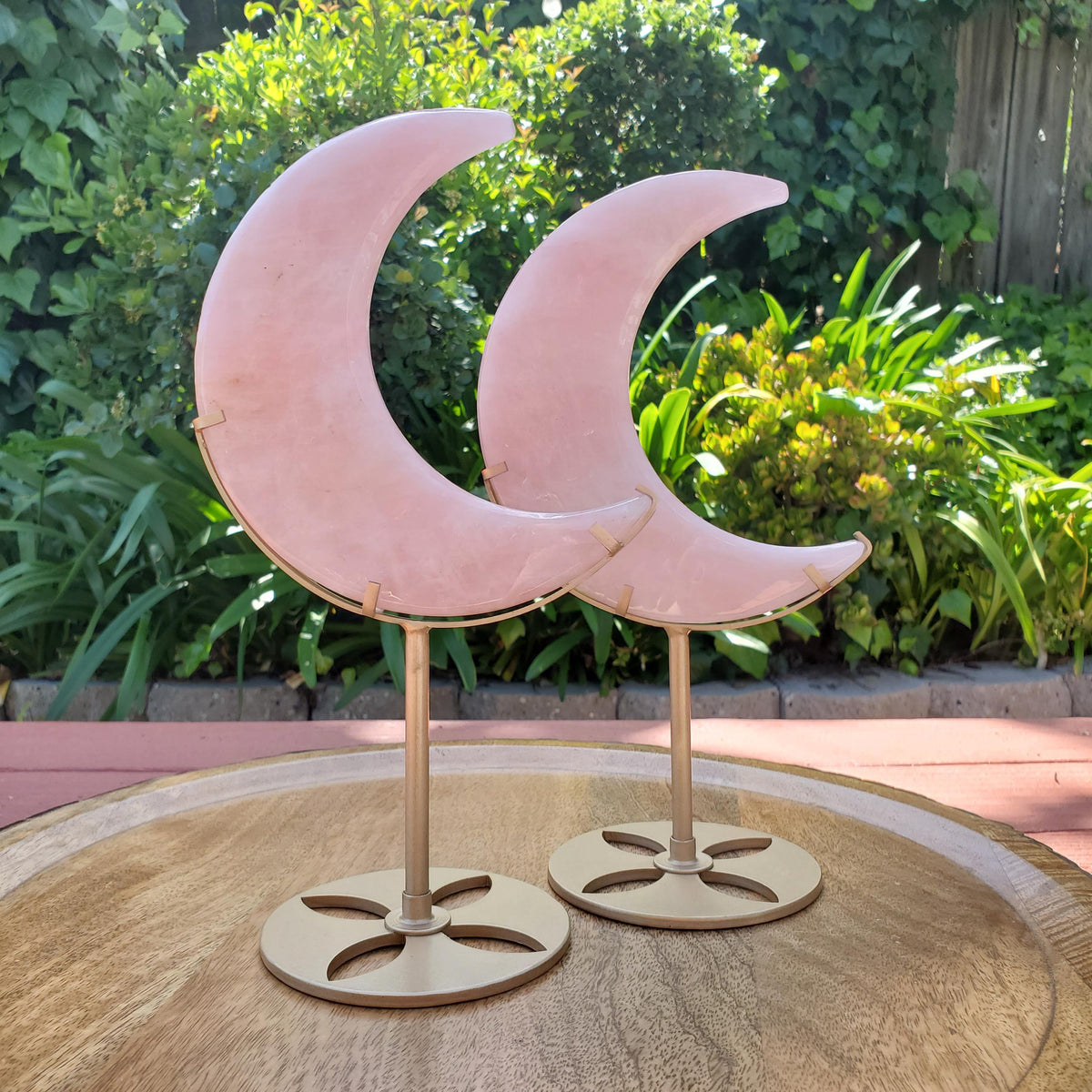 Big Rose Quartz Moon on Gold Stand - Unconditional Love, Compassion, Self Love - 10.5 to 11" tall Pink Crystal Moon Statement Gemstone