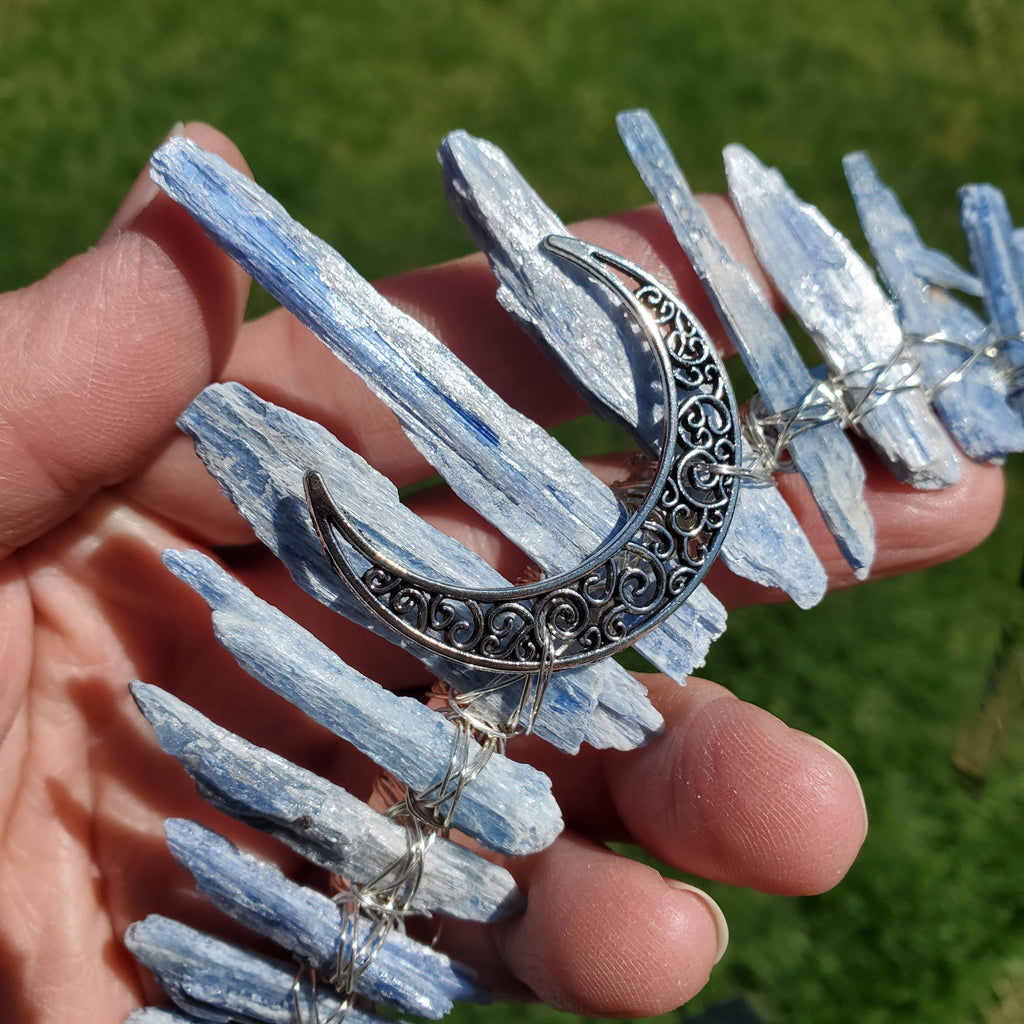 Kyanite Crown with Silver Crescent Moon - Calming, Clarity, Connection, Communication - Raw Blue Kyanite Healing Goddess Crown for Party