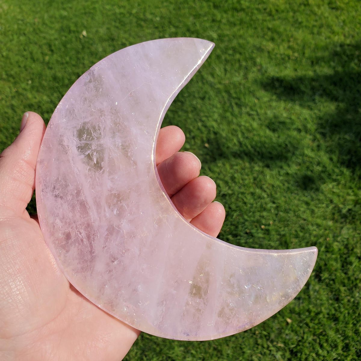 Big Rose Quartz Moon on Gold Stand - Unconditional Love, Compassion, Self Love - 10.5 to 11" tall Pink Crystal Moon Statement Gemstone
