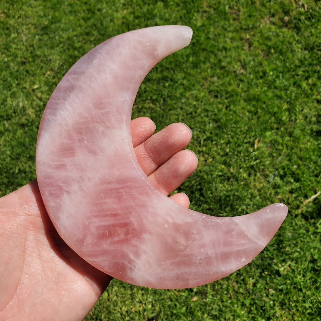 Big Rose Quartz Moon on Gold Stand - Unconditional Love, Compassion, Self Love - 10.5 to 11" tall Pink Crystal Moon Statement Gemstone