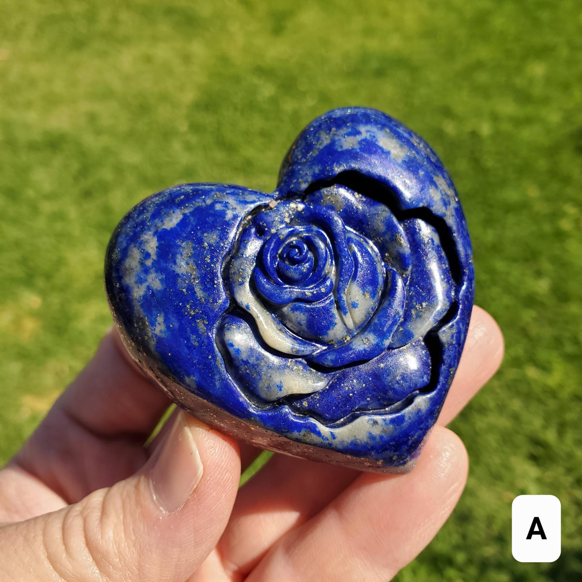 Lapis Lazuli Heart with Rose Carved Inside - Speak Your Truth, Communication, Personal Power - Crystal Heart Healing Gemstone