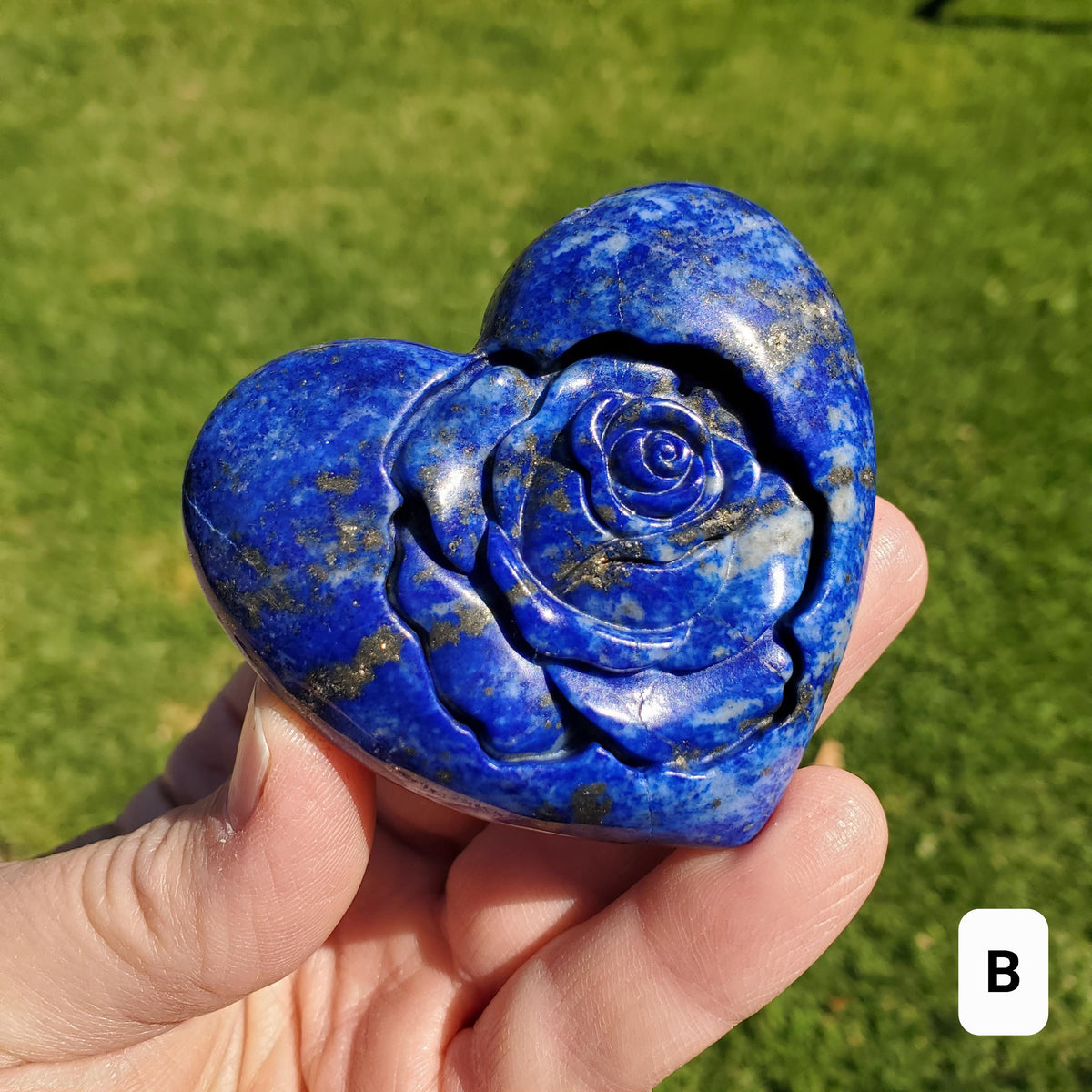 Lapis Lazuli Heart with Rose Carved Inside - Speak Your Truth, Communication, Personal Power - Crystal Heart Healing Gemstone