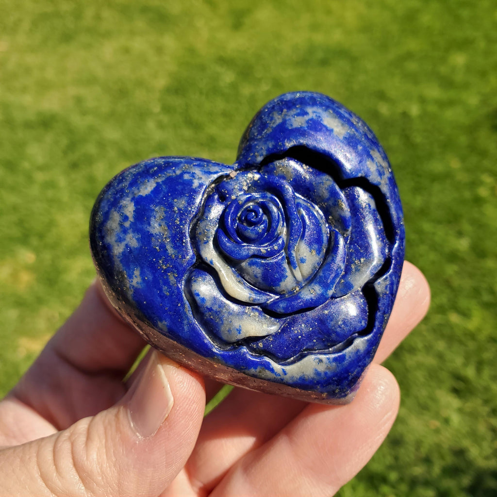 Lapis Lazuli Heart with Rose Carved Inside - Speak Your Truth, Communication, Personal Power - Crystal Heart Healing Gemstone