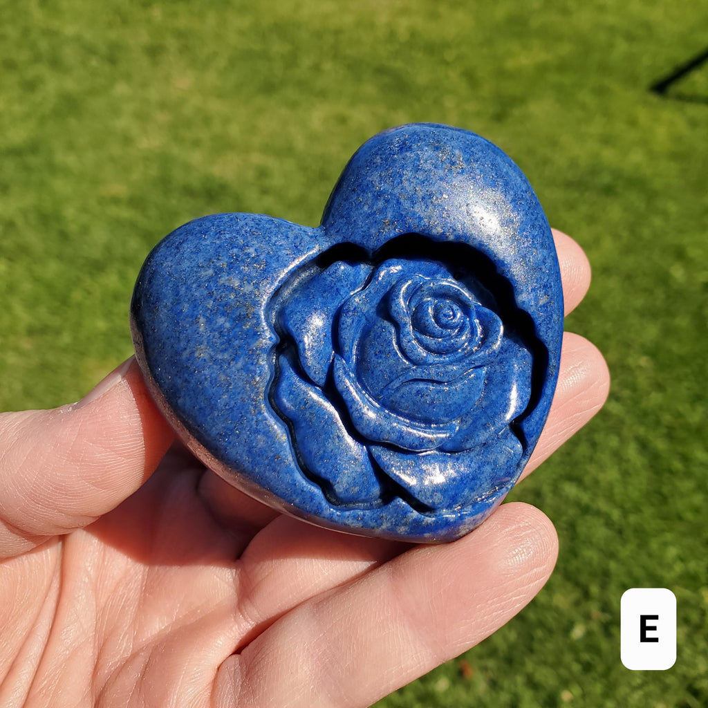 Lapis Lazuli Heart with Rose Carved Inside - Speak Your Truth, Communication, Personal Power - Crystal Heart Healing Gemstone