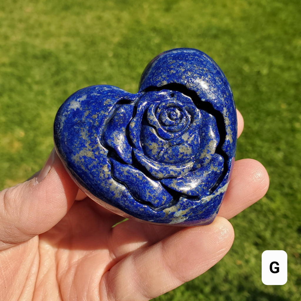Lapis Lazuli Heart with Rose Carved Inside - Speak Your Truth, Communication, Personal Power - Crystal Heart Healing Gemstone