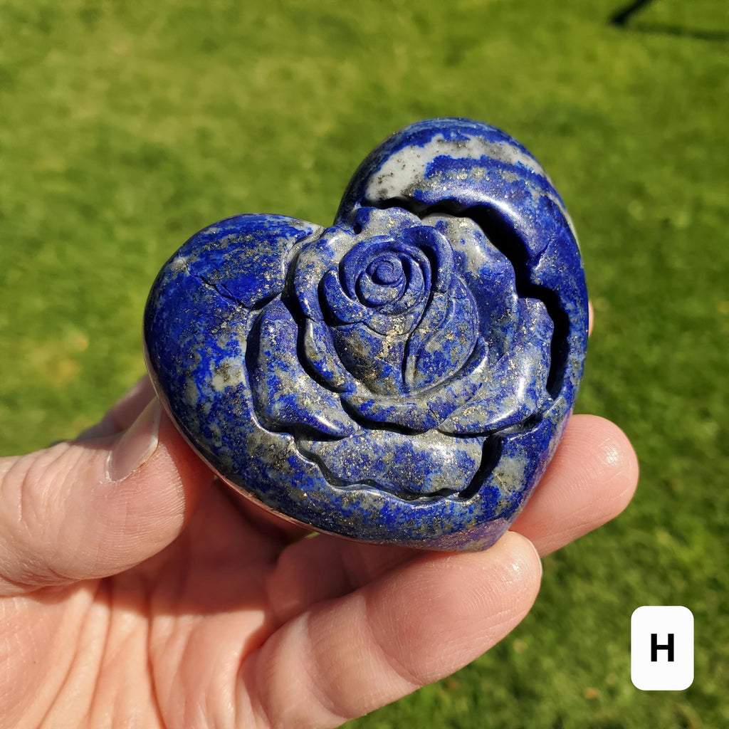 Lapis Lazuli Heart with Rose Carved Inside - Speak Your Truth, Communication, Personal Power - Crystal Heart Healing Gemstone