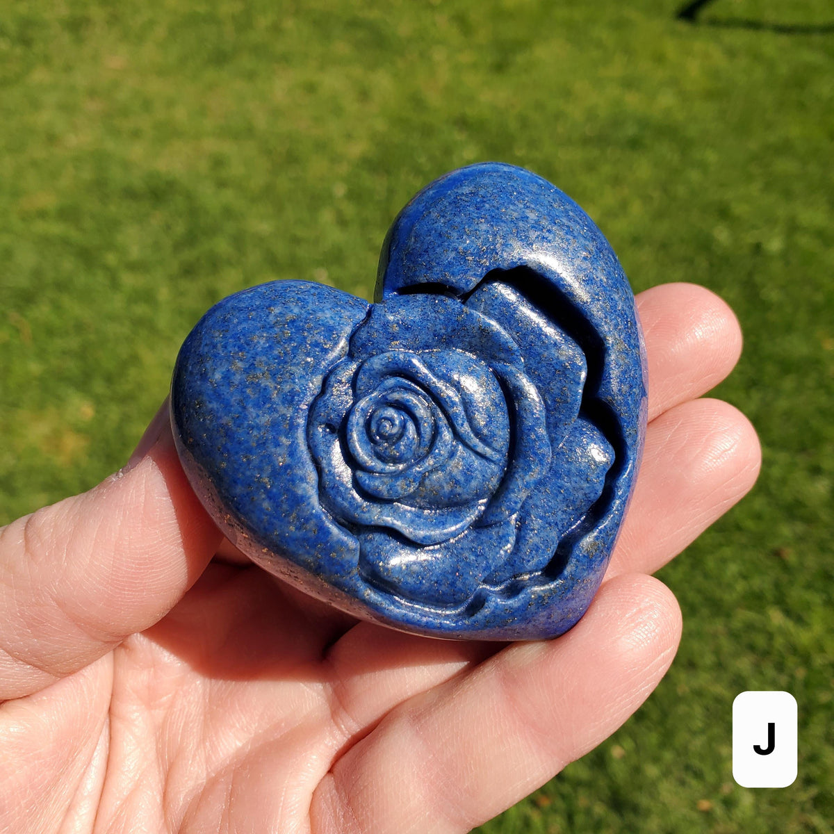 Lapis Lazuli Heart with Rose Carved Inside - Speak Your Truth, Communication, Personal Power - Crystal Heart Healing Gemstone