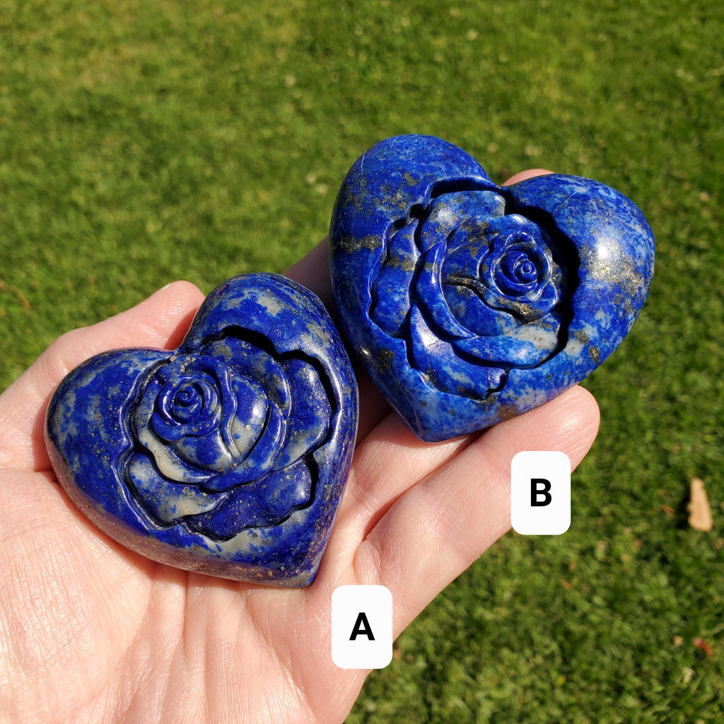 Lapis Lazuli Heart with Rose Carved Inside - Speak Your Truth, Communication, Personal Power - Crystal Heart Healing Gemstone