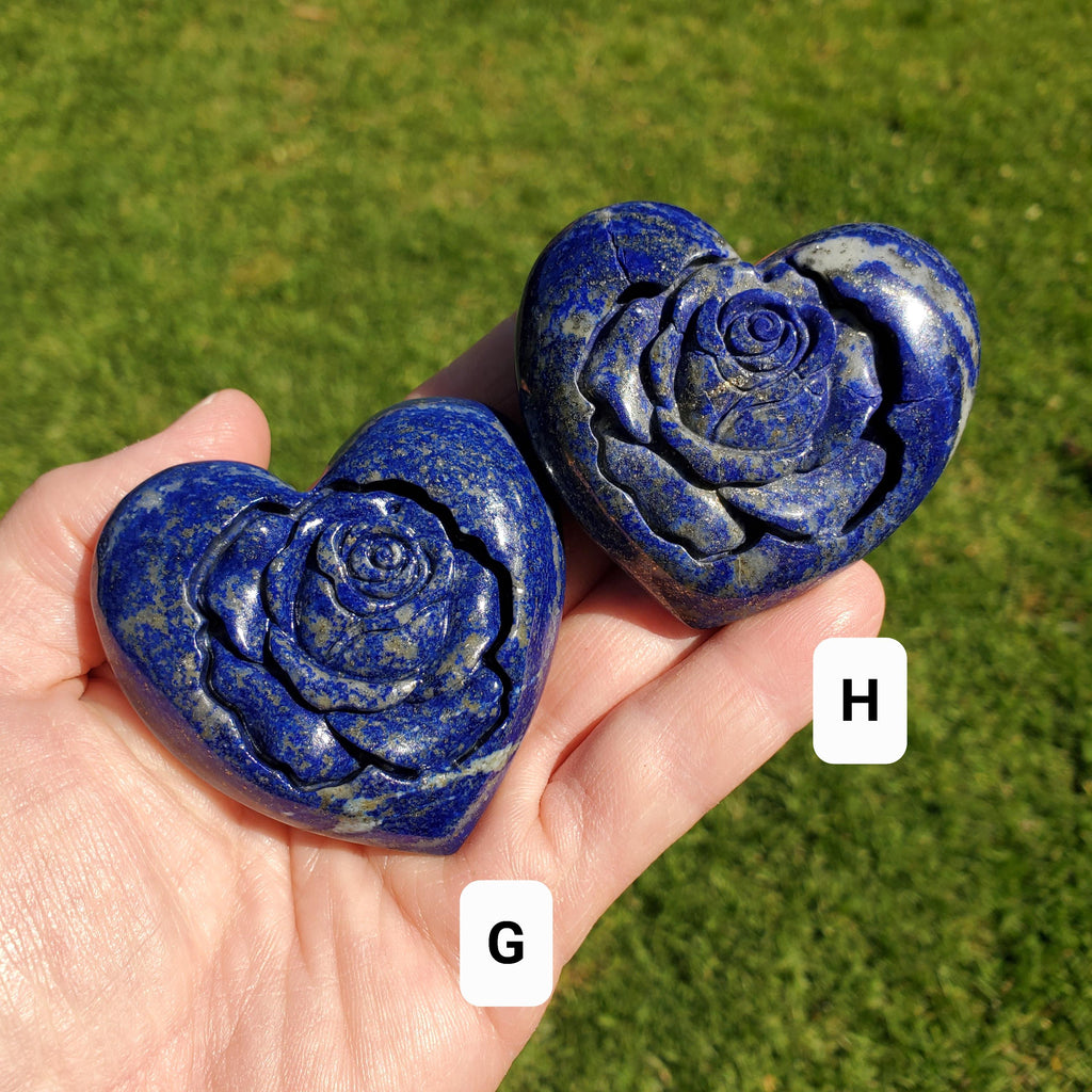 Lapis Lazuli Heart with Rose Carved Inside - Speak Your Truth, Communication, Personal Power - Crystal Heart Healing Gemstone