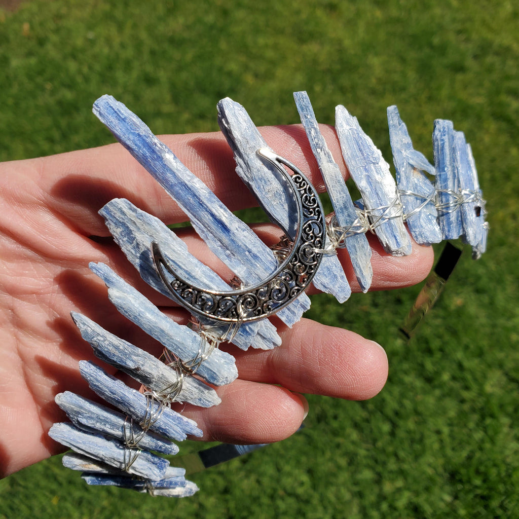 Kyanite Crown with Silver Crescent Moon - Calming, Clarity, Connection, Communication - Raw Blue Kyanite Healing Goddess Crown for Party