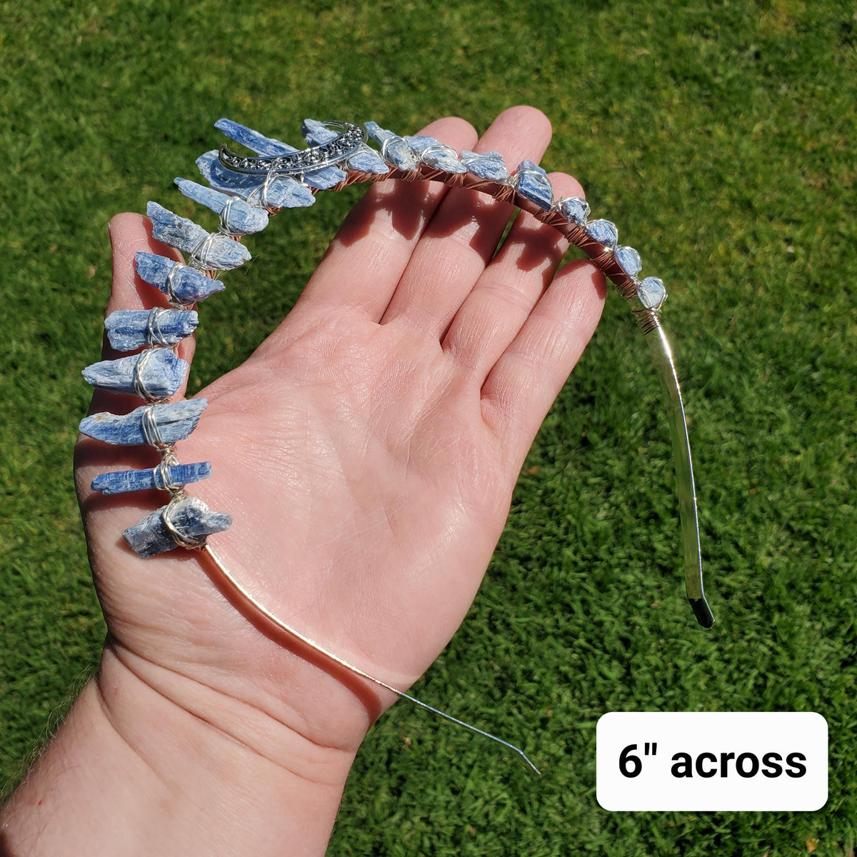 Kyanite Crown with Silver Crescent Moon - Calming, Clarity, Connection, Communication - Raw Blue Kyanite Healing Goddess Crown for Party