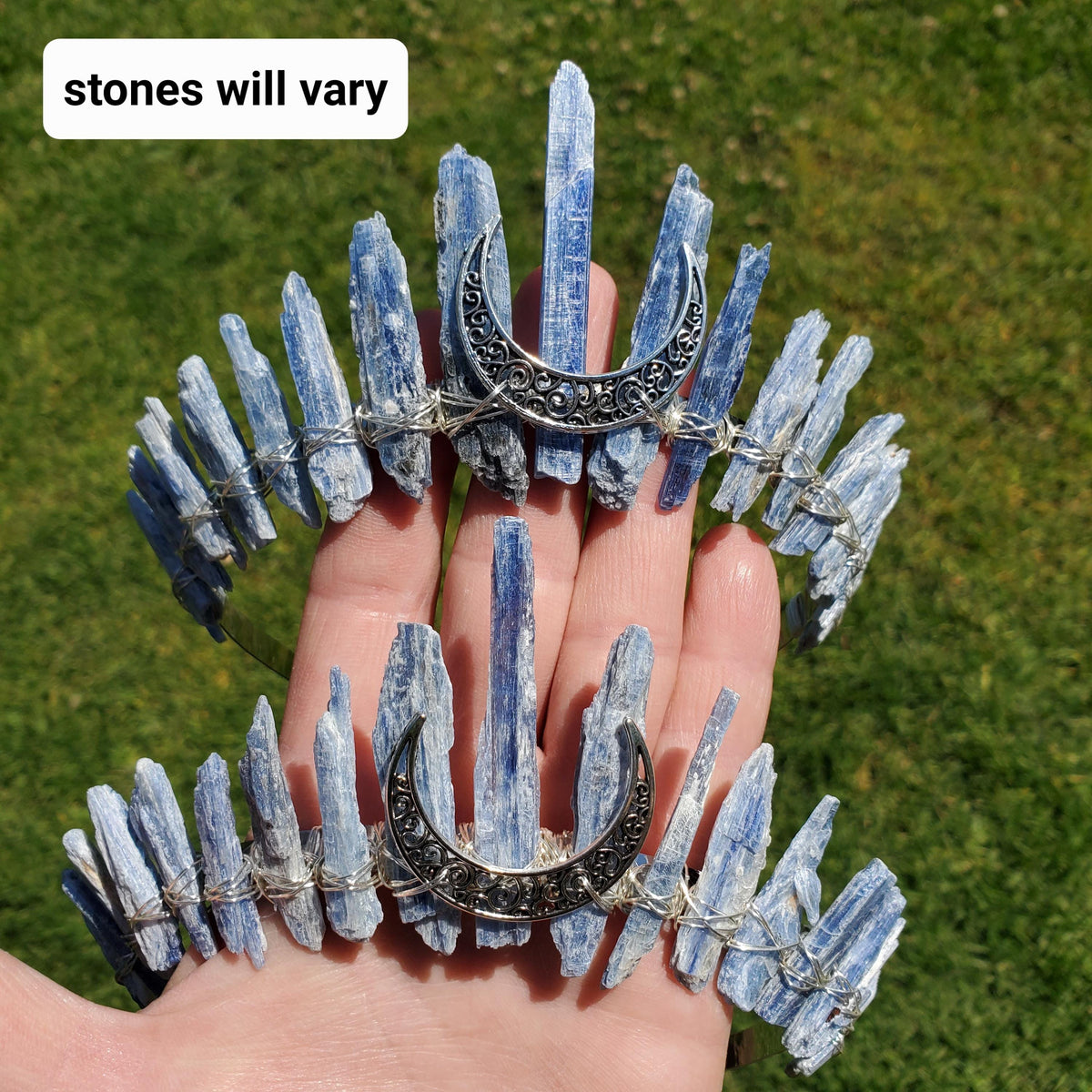 Kyanite Crown with Silver Crescent Moon - Calming, Clarity, Connection, Communication - Raw Blue Kyanite Healing Goddess Crown for Party