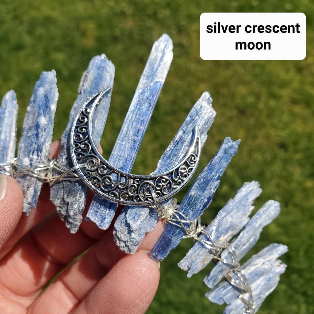 Kyanite Crown with Silver Crescent Moon - Calming, Clarity, Connection, Communication - Raw Blue Kyanite Healing Goddess Crown for Party