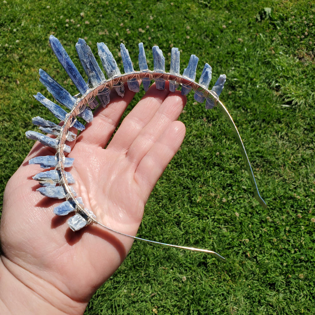 Kyanite Crown with Silver Crescent Moon - Calming, Clarity, Connection, Communication - Raw Blue Kyanite Healing Goddess Crown for Party