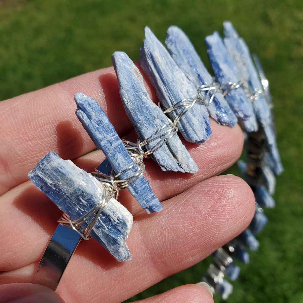 Kyanite Crown with Silver Crescent Moon - Calming, Clarity, Connection, Communication - Raw Blue Kyanite Healing Goddess Crown for Party