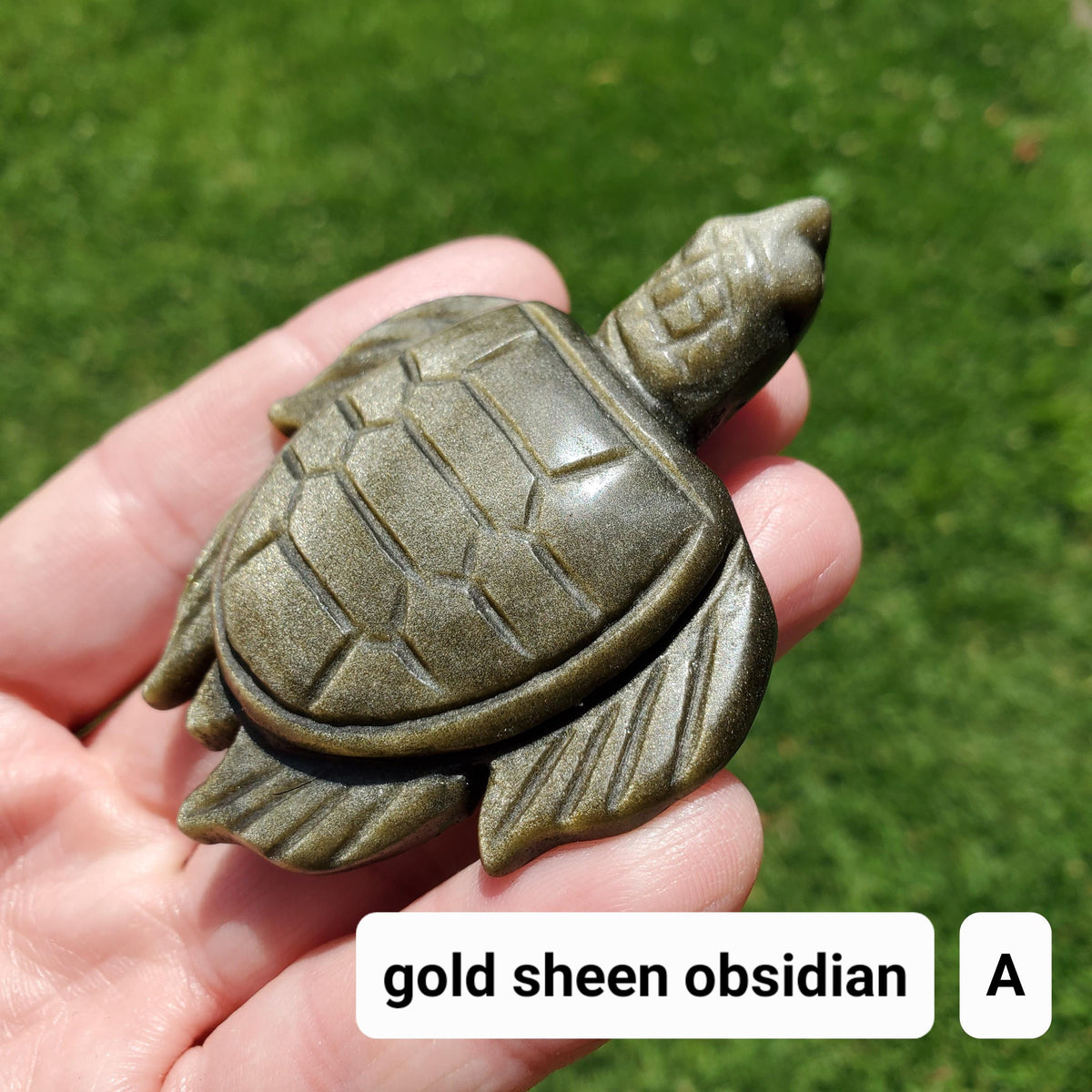 Cute Gold Sheen & Silver Sheen Obsidian Turtle - Self Reflection, Release Negative Energies - Flashy Obsidian Tortoise Carving Crystal