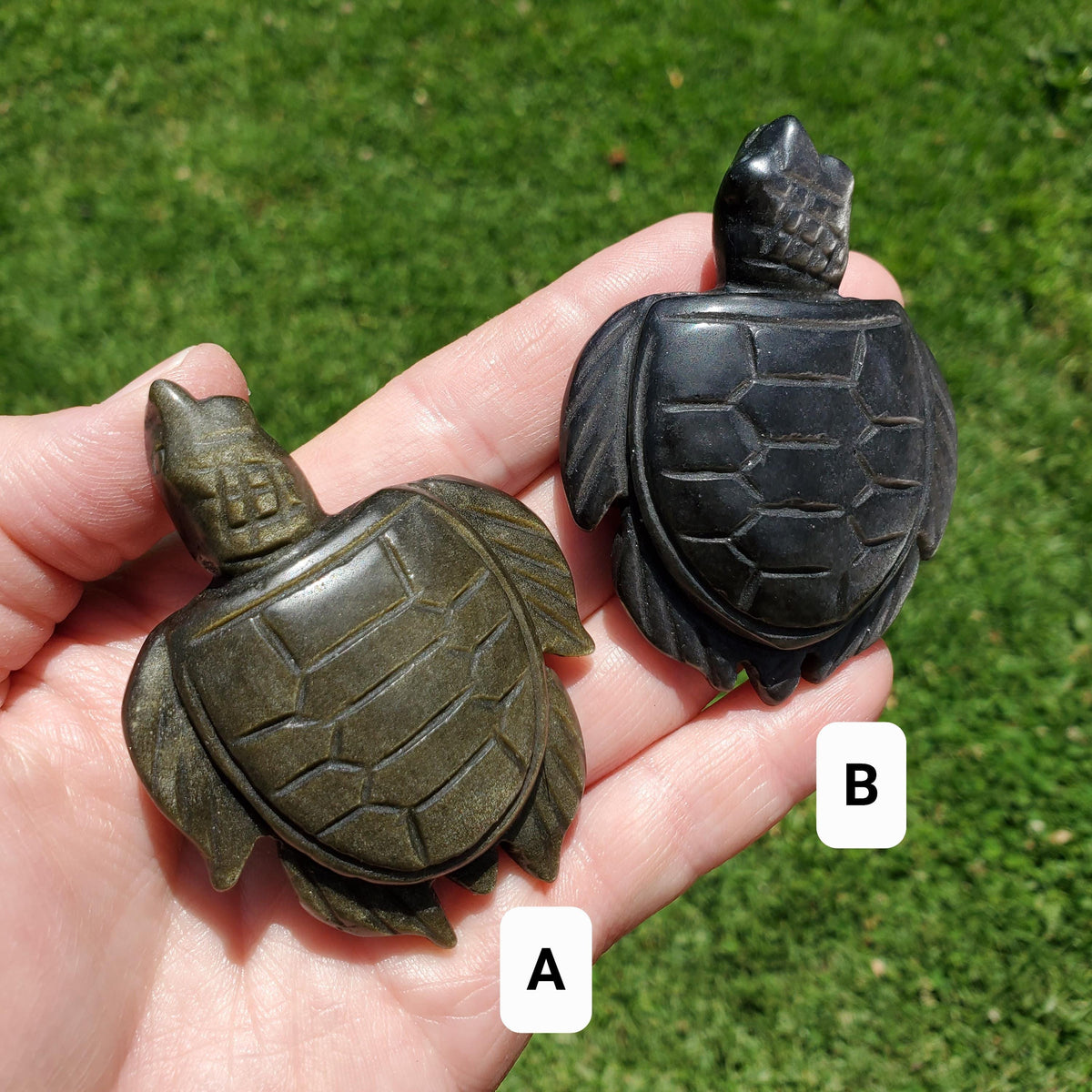 Cute Gold Sheen & Silver Sheen Obsidian Turtle - Self Reflection, Release Negative Energies - Flashy Obsidian Tortoise Carving Crystal