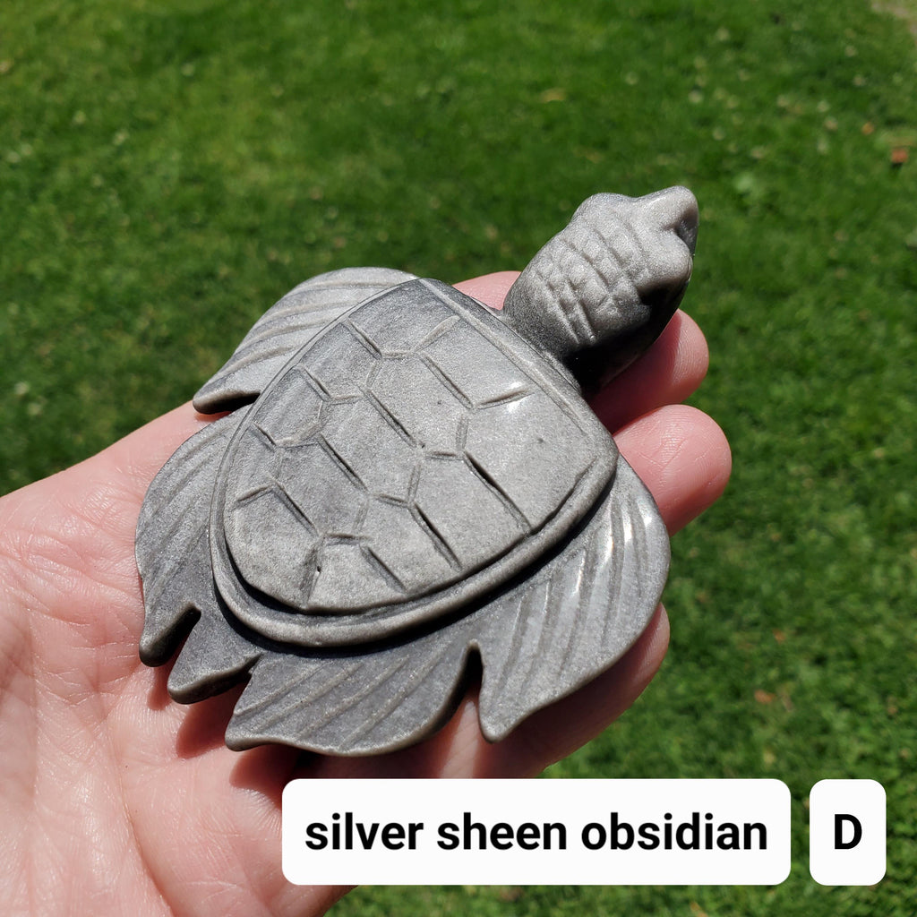 Cute Gold Sheen & Silver Sheen Obsidian Turtle - Self Reflection, Release Negative Energies - Flashy Obsidian Tortoise Carving Crystal