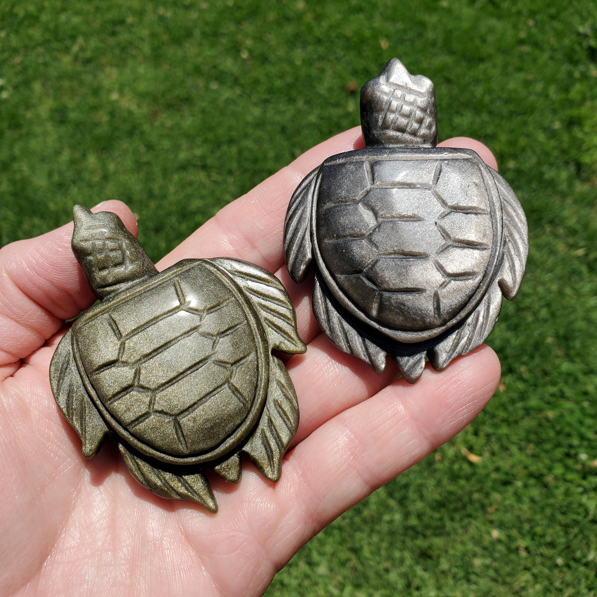 Cute Gold Sheen & Silver Sheen Obsidian Turtle - Self Reflection, Release Negative Energies - Flashy Obsidian Tortoise Carving Crystal