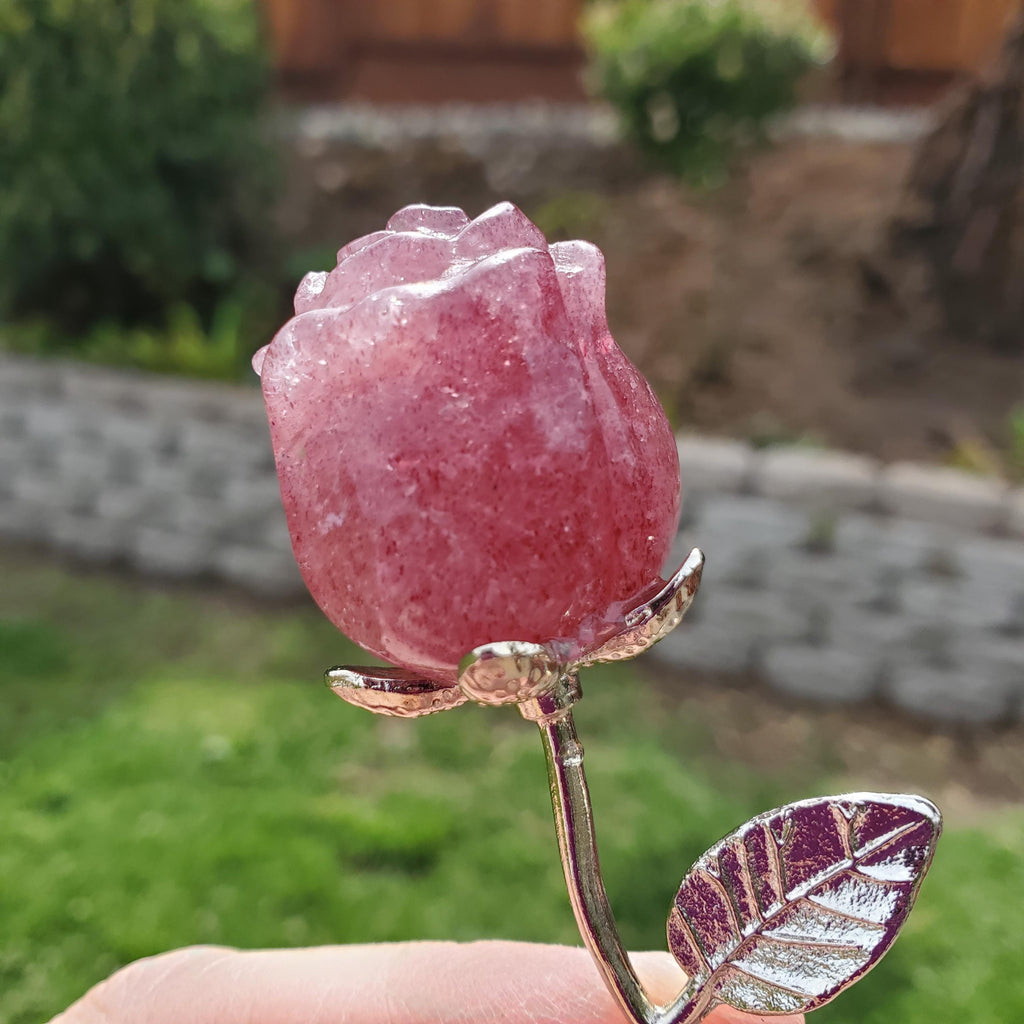 Small Strawberry Quartz Rose on Metal Stem - Universal Love, Gratitude, Generosity, Compassion - 6" Long Tanzberry Flower