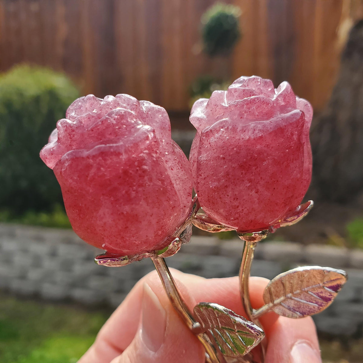 Small Strawberry Quartz Rose on Metal Stem - Universal Love, Gratitude, Generosity, Compassion - 6" Long Tanzberry Flower