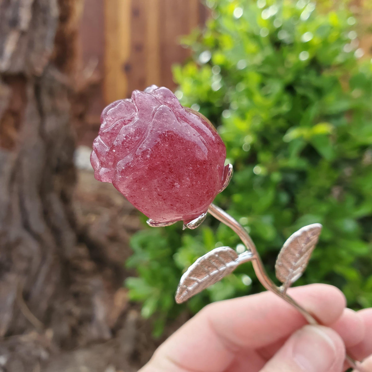 Small Strawberry Quartz Rose on Metal Stem - Universal Love, Gratitude, Generosity, Compassion - 6" Long Tanzberry Flower