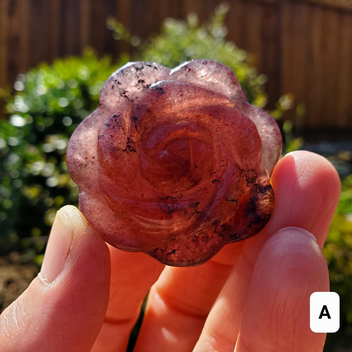 Small Strawberry Quartz Rose with Tourmaline Inclusions - Universal Love, Gratitude, Generosity, Compassion - Tanzberry Flower Carving