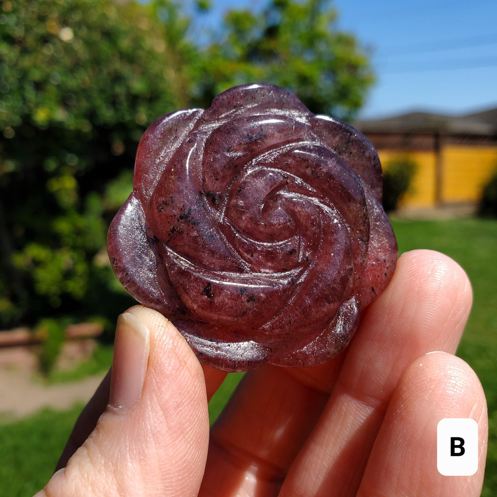 Small Strawberry Quartz Rose with Tourmaline Inclusions - Universal Love, Gratitude, Generosity, Compassion - Tanzberry Flower Carving