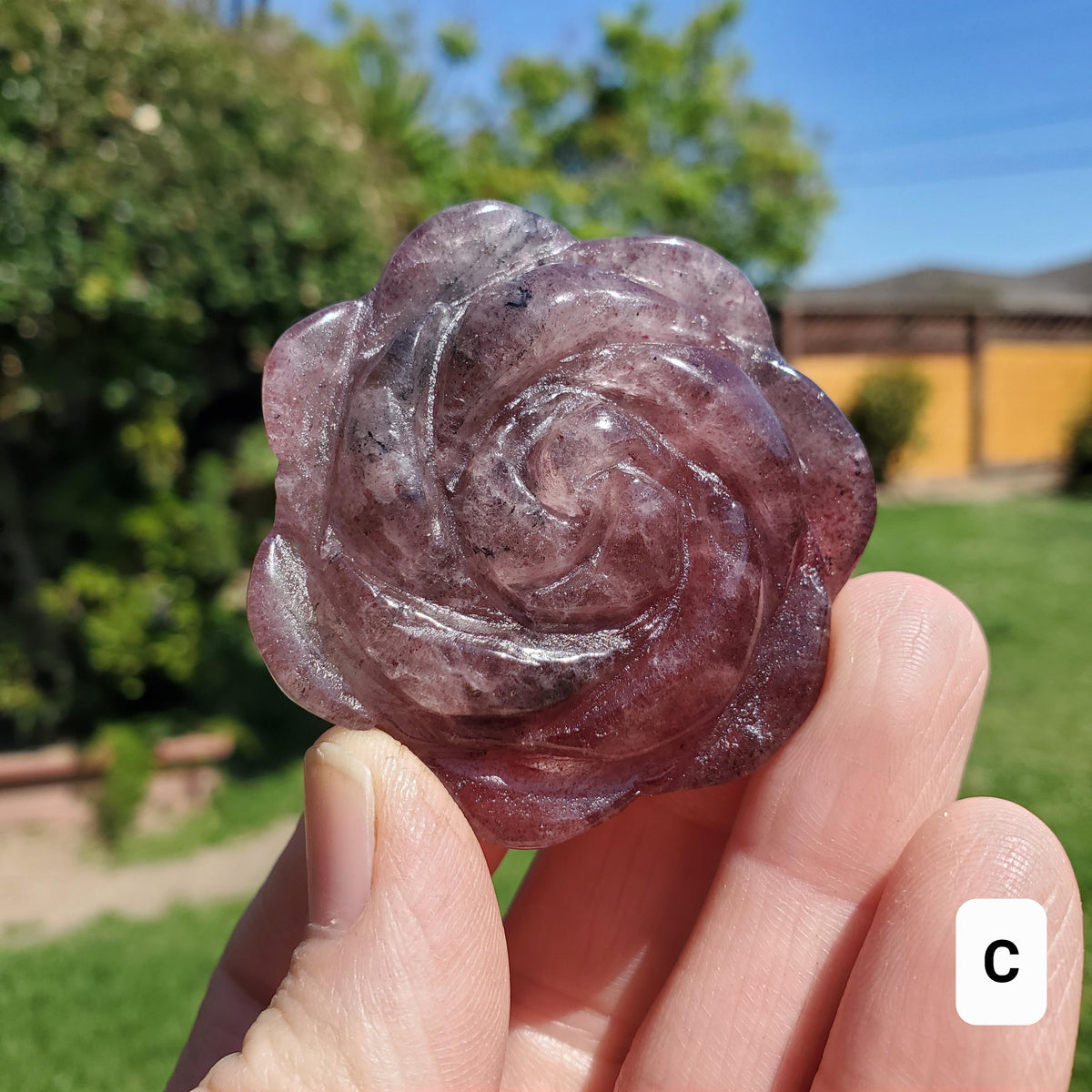 Small Strawberry Quartz Rose with Tourmaline Inclusions - Universal Love, Gratitude, Generosity, Compassion - Tanzberry Flower Carving