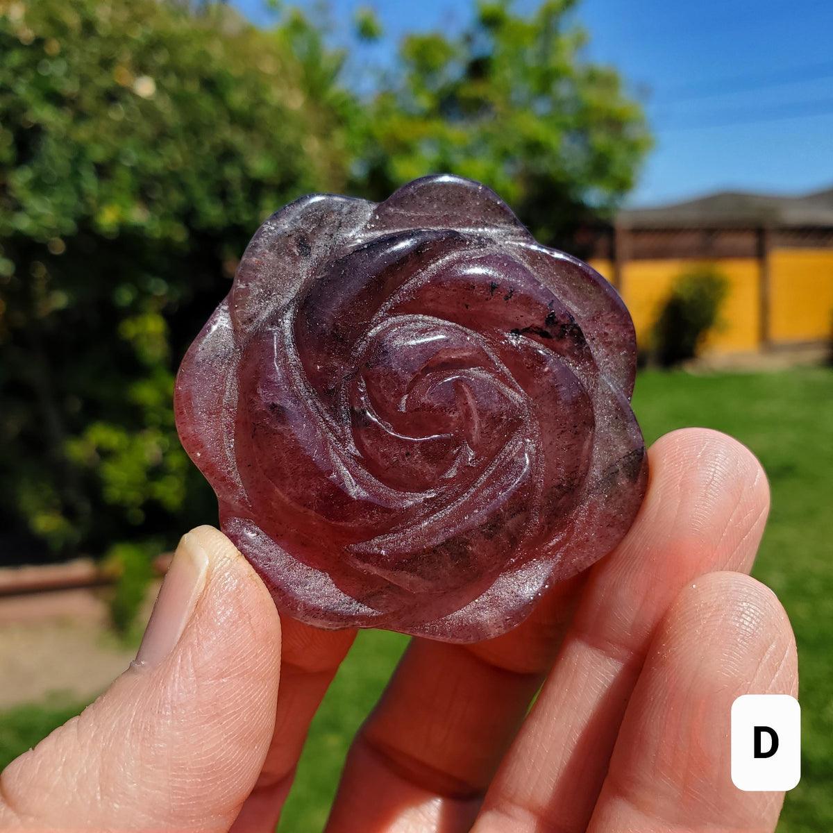 Small Strawberry Quartz Rose with Tourmaline Inclusions - Universal Love, Gratitude, Generosity, Compassion - Tanzberry Flower Carving