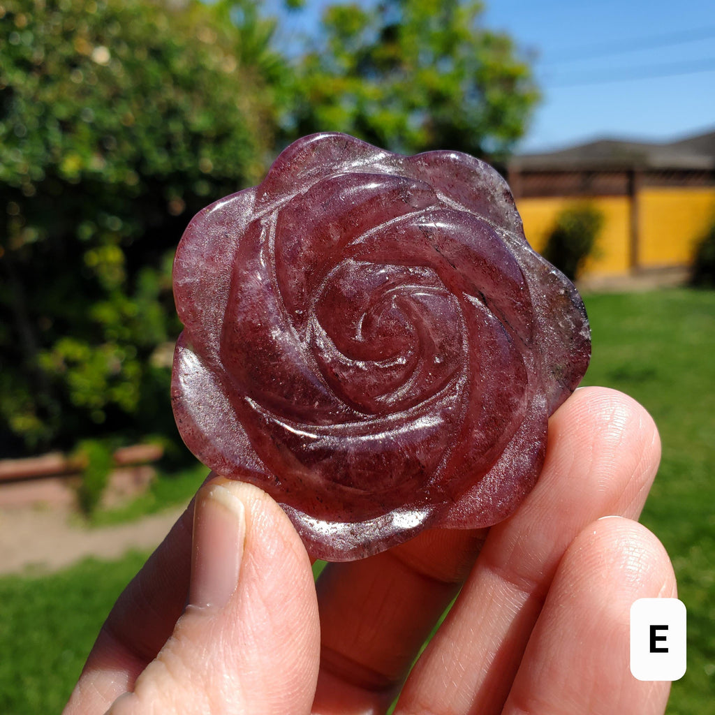 Small Strawberry Quartz Rose with Tourmaline Inclusions - Universal Love, Gratitude, Generosity, Compassion - Tanzberry Flower Carving