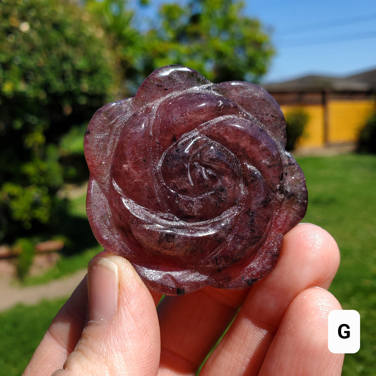 Small Strawberry Quartz Rose with Tourmaline Inclusions - Universal Love, Gratitude, Generosity, Compassion - Tanzberry Flower Carving