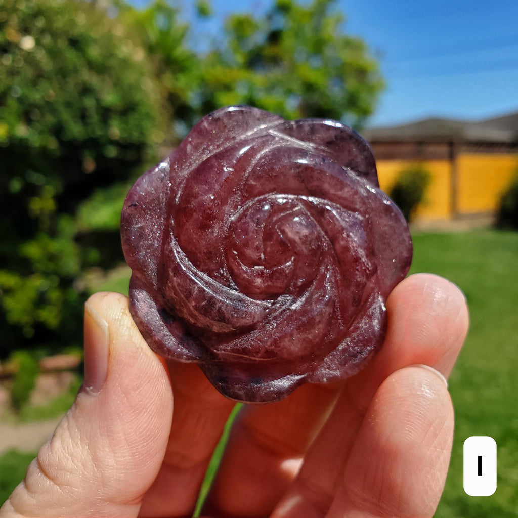 Small Strawberry Quartz Rose with Tourmaline Inclusions - Universal Love, Gratitude, Generosity, Compassion - Tanzberry Flower Carving