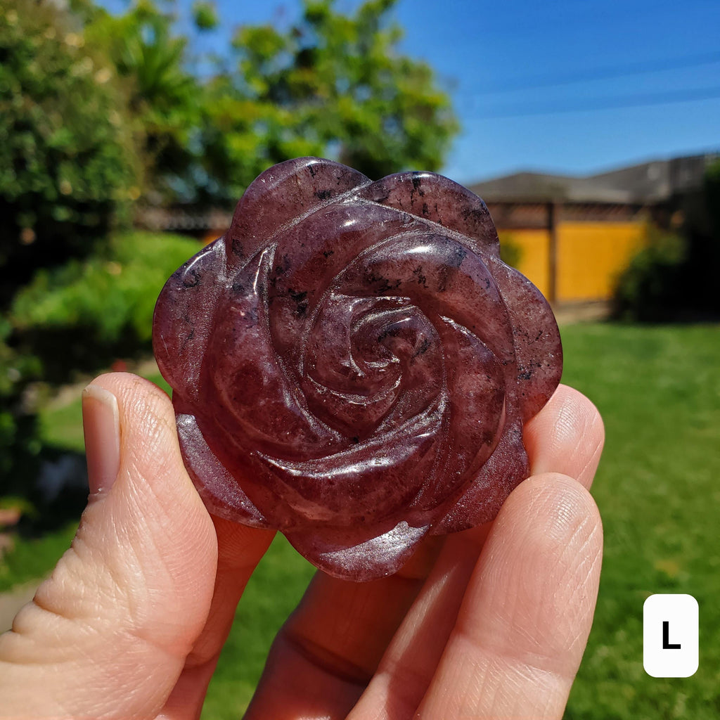 Small Strawberry Quartz Rose with Tourmaline Inclusions - Universal Love, Gratitude, Generosity, Compassion - Tanzberry Flower Carving