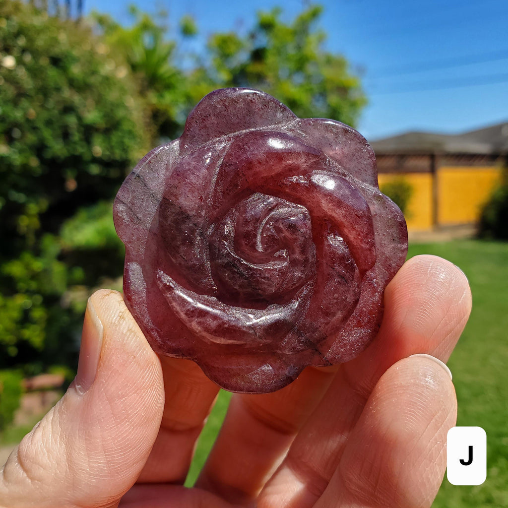 Small Strawberry Quartz Rose with Tourmaline Inclusions - Universal Love, Gratitude, Generosity, Compassion - Tanzberry Flower Carving