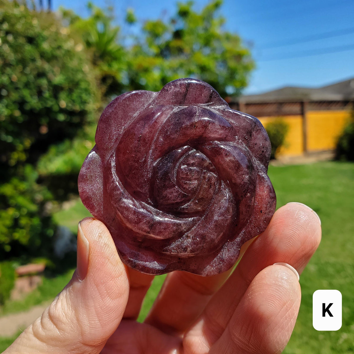 Small Strawberry Quartz Rose with Tourmaline Inclusions - Universal Love, Gratitude, Generosity, Compassion - Tanzberry Flower Carving