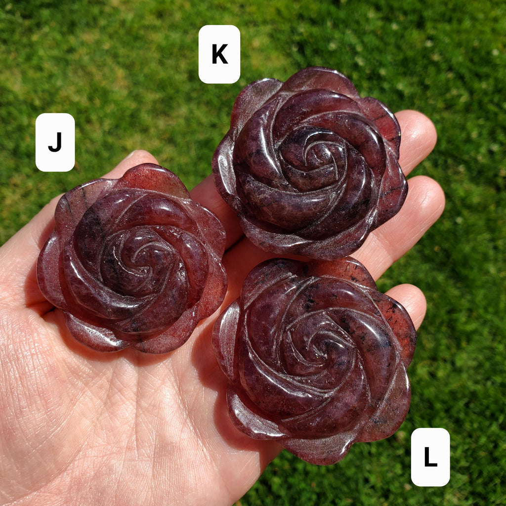 Small Strawberry Quartz Rose with Tourmaline Inclusions - Universal Love, Gratitude, Generosity, Compassion - Tanzberry Flower Carving